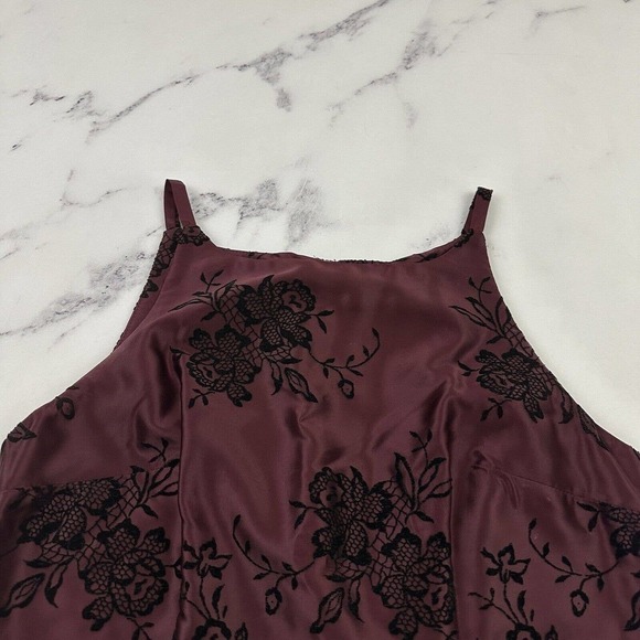 XOXO Womens Vintage Y2k Mini Dress Size 11 Burgundy Black Flocked Lace Print - Picture 2 of 9